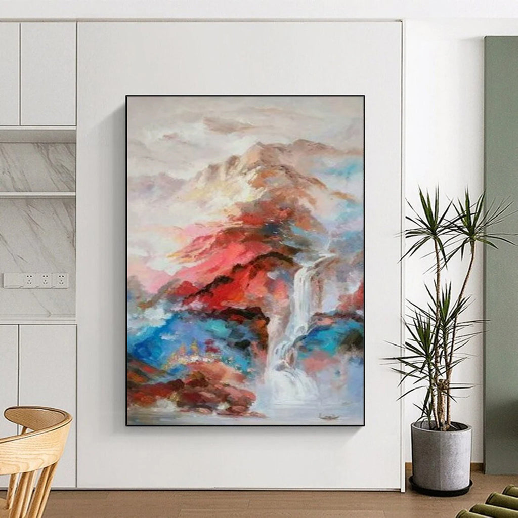“Colorful Mountain Waterfall” - Abstract Landscape Painting On Canvas PT2346
