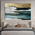 “Gold - Teal - White Textures” - Metallic Accents “Gilded Tide” Painting On Canvas PT1633