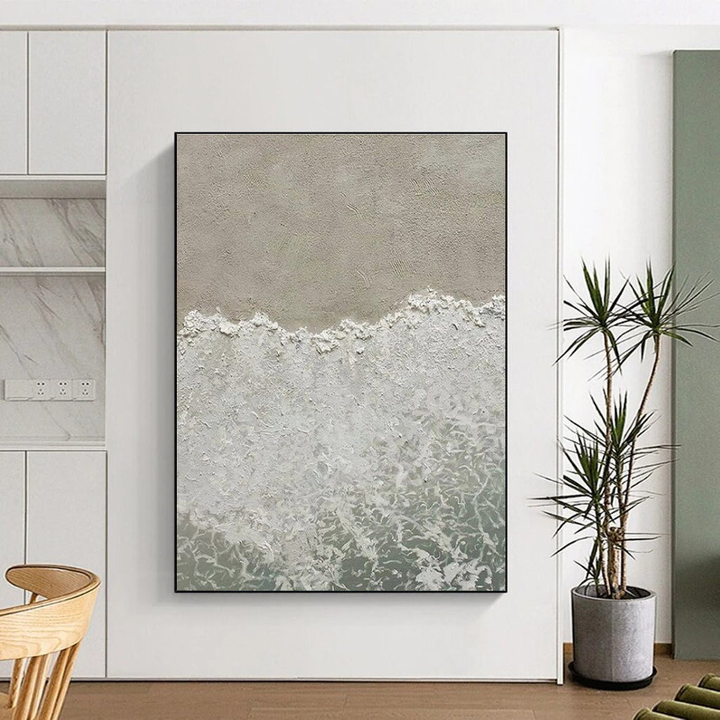 “Textured Beach Waves” - Beige, White, Blue Abstract Seascape Painting On Canvas PS0678