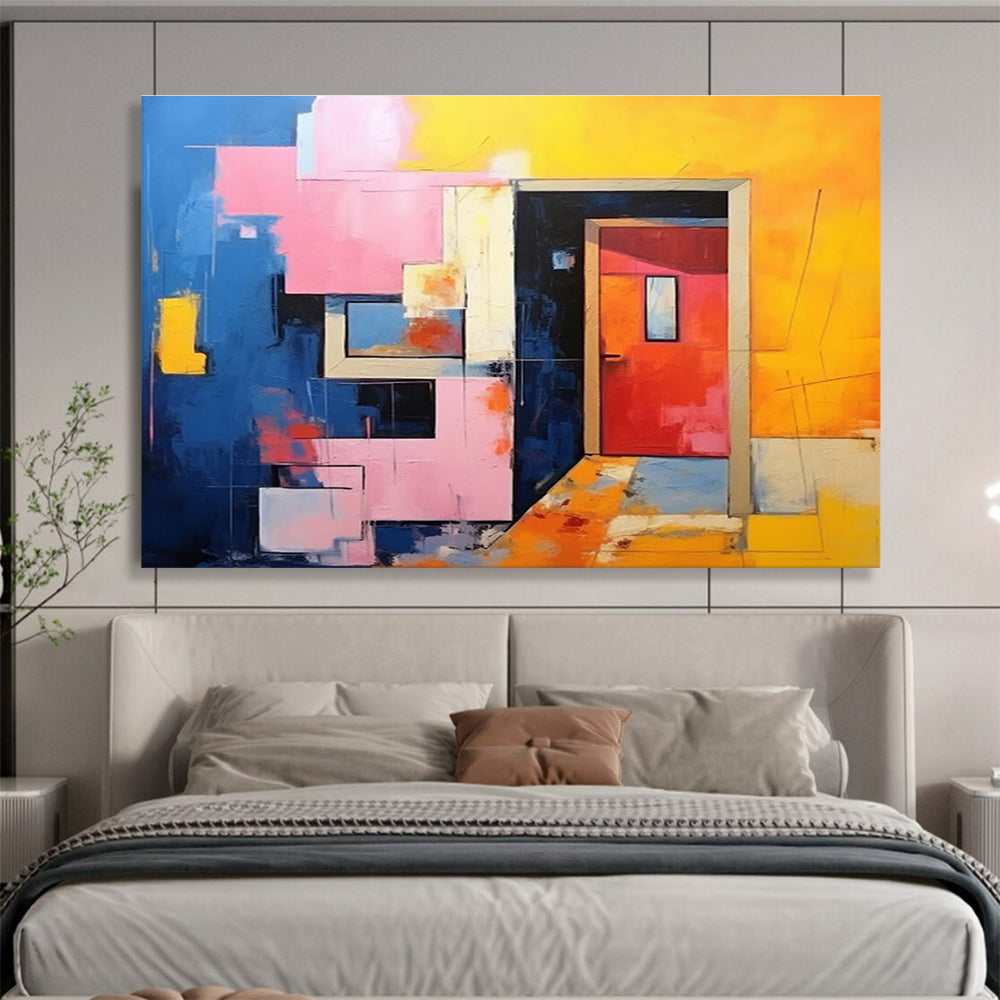 Geometric Doorway: Blue, Pink & Yellow Abstract Cubist Architecture Painting for Contemporary Office & Art - Lovers’ Café DKS642