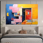 Geometric Doorway: Blue, Pink & Yellow Abstract Cubist Architecture Painting for Contemporary Office & Art - Lovers’ Café DKS642