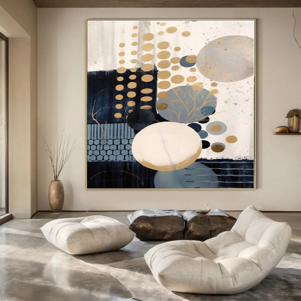 Gold, Blue, Beige with Circles "Gilded Bubbles" Abstract Painting On Canvas PS1263