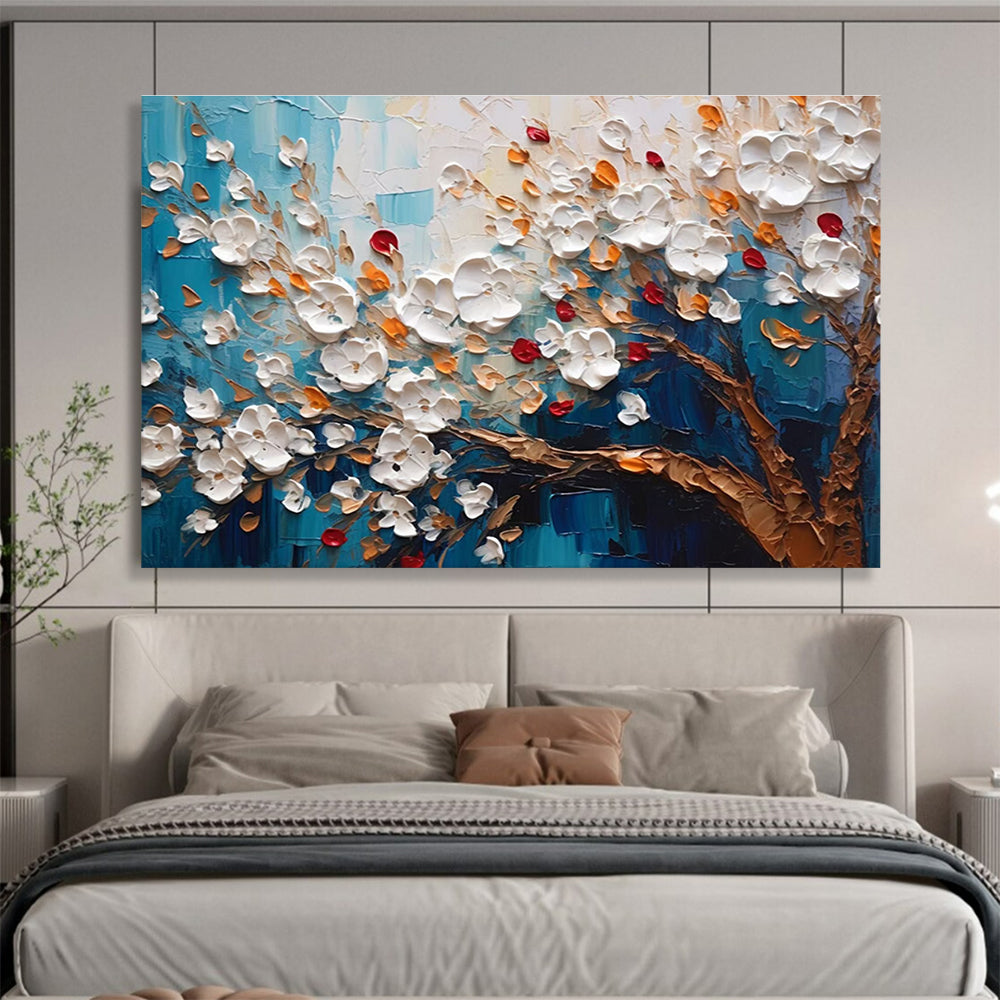 “White Flowers on Blue” - Impasto Oil Painting On Canvas DKS888