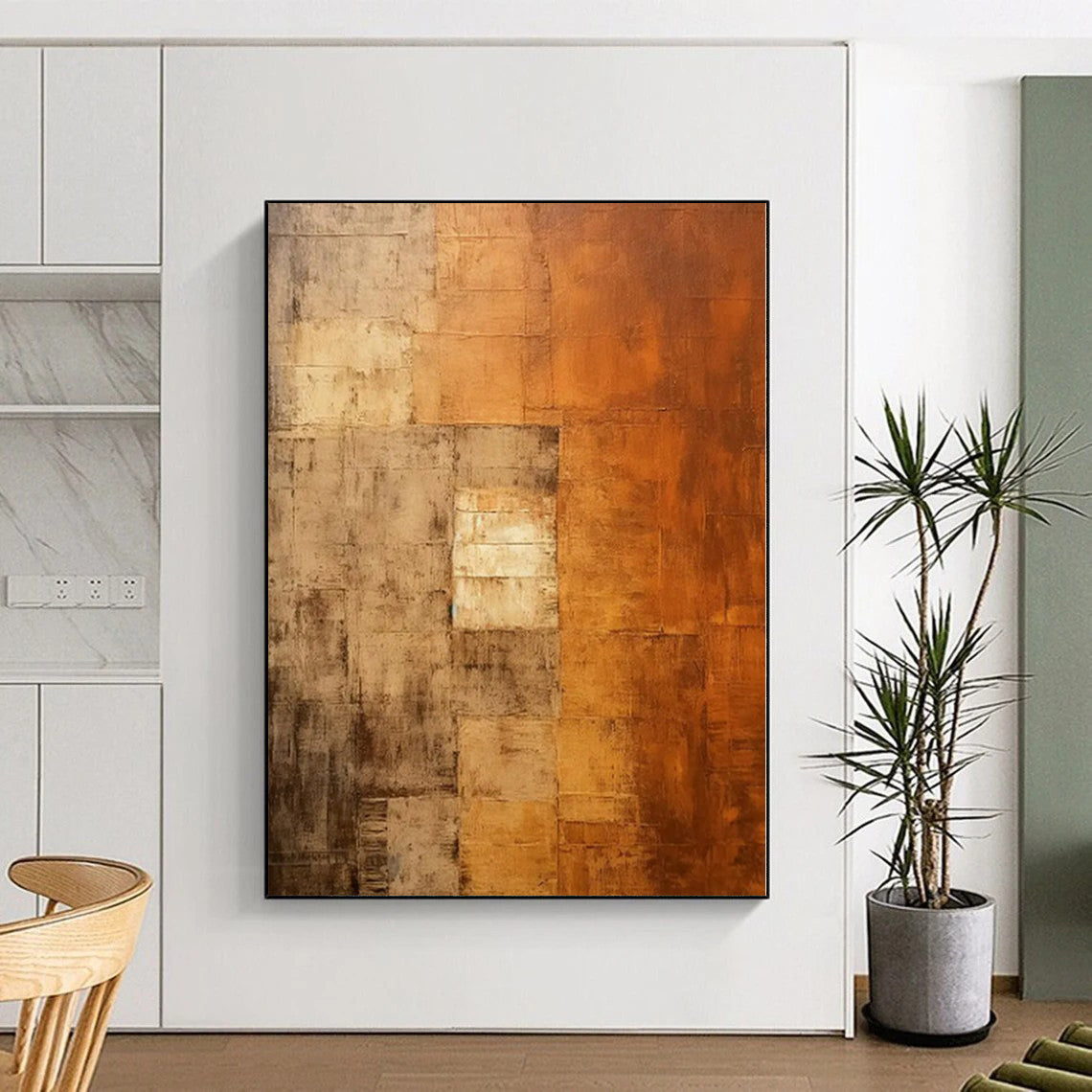 “Brown - Orange Abstract Textured Squares” - Rustic Abstract Painting On Canvas PS0338