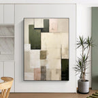 “Neutral & Green Squares” - Beige, Green Abstract Minimalist Painting On Canvas PS0395