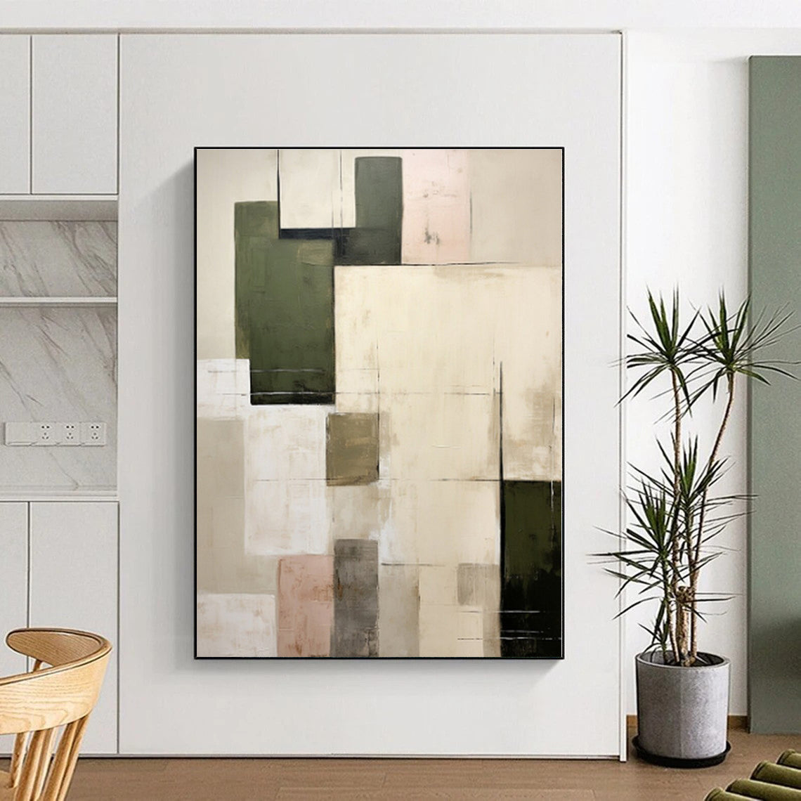 “Neutral & Green Squares” - Beige, Green Abstract Minimalist Painting On Canvas PS0395