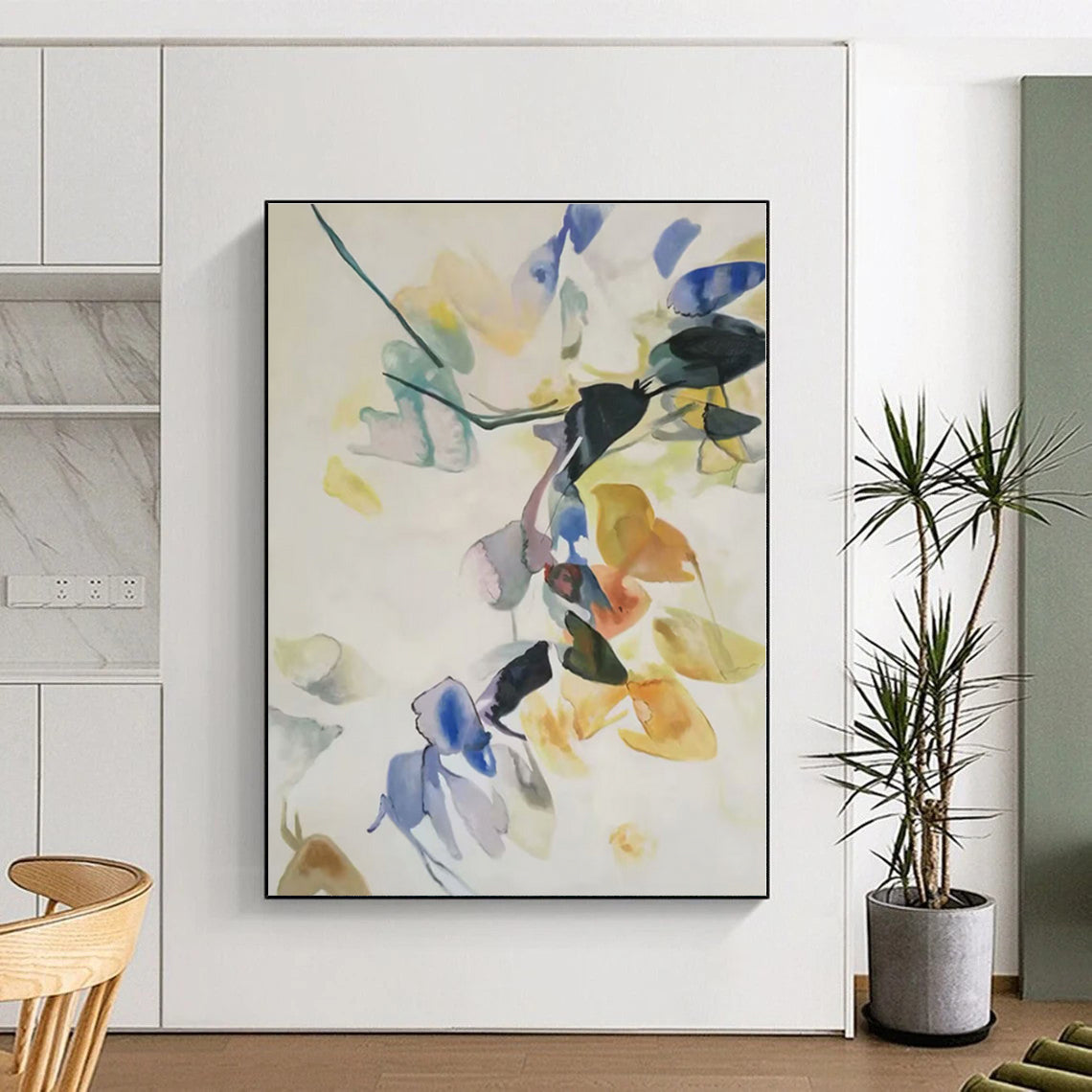 “Colorful Floral Abstraction” - Blue, Yellow, Pink Abstract Painting On Canvas PS0455