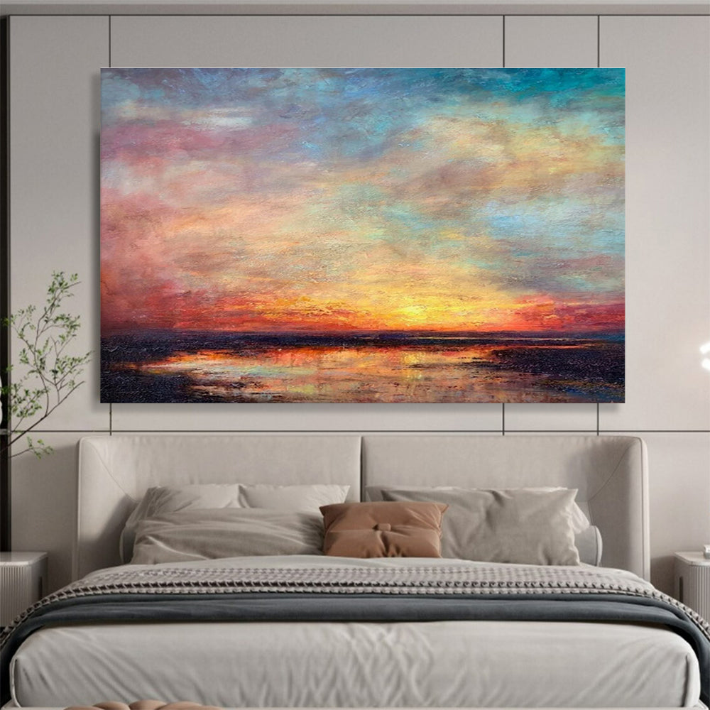 “Vibrant Sunset Reflection” - Blue, Pink & Orange Seascape, Expressive Oil Painting On Canvas DKS776