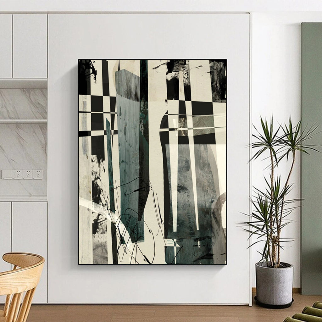 “Checkerboard & Abstract Forms” - Black & White with Dynamic Shapes Painting On Canvas DS218