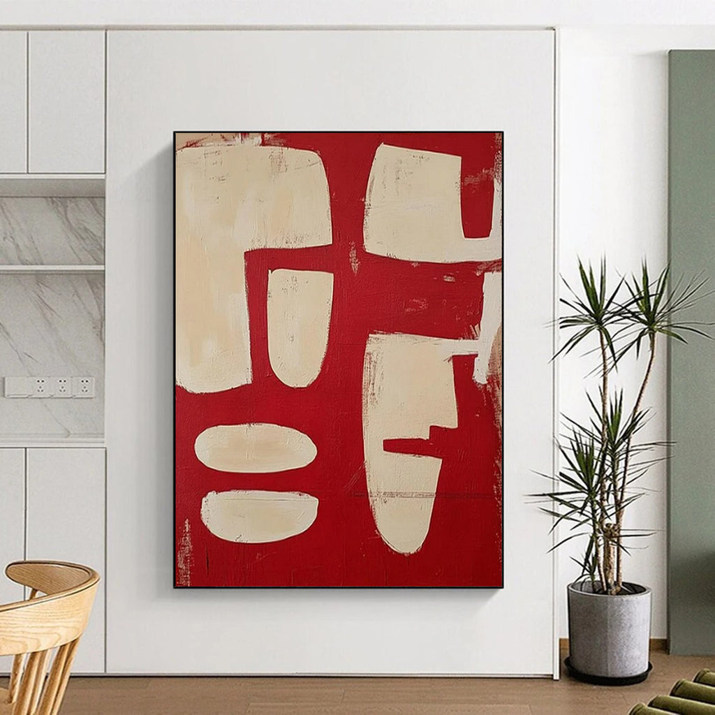 “Red and White Abstract Forms” - Color Field Painting On Canvas PT2367
