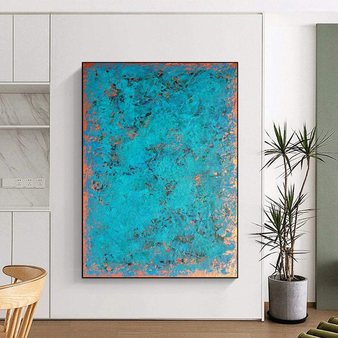 “Turquoise - Copper Textured” - Abstract Impasto Painting On Canvas PT2323