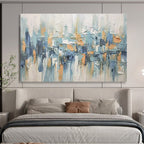 “Urban Rhythms” - Blue, Gray & Orange Abstract Cityscape, Textured City Oil Painting On Canvas DKS685