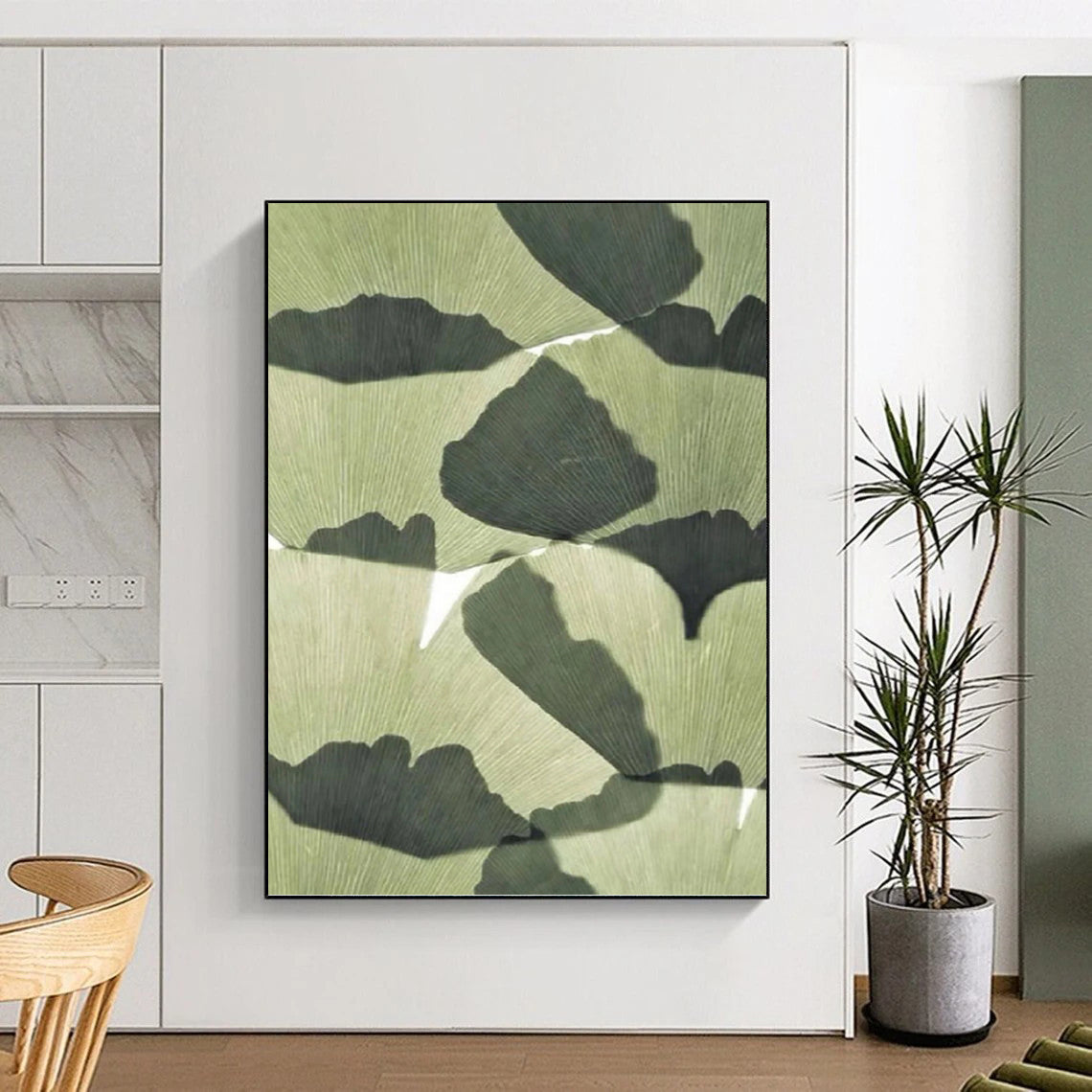 “Ginkgo Leaf Shadows” - Nature - Inspired Leaf Silhouette Painting On Canvas PT1070