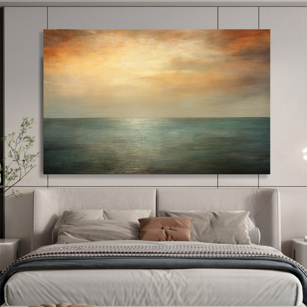 “Tranquil Sea in Orange, Gray & Teal” - Romantic Seascape Painting On Canvas PT010