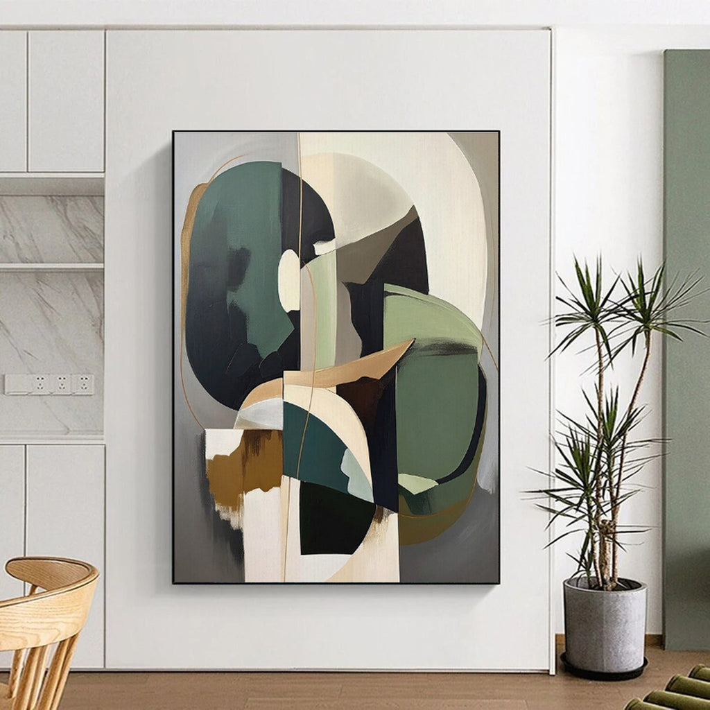 “Green - Gray Abstract Geometry” - Green, Gray, Neutral Tones Abstract Geometric Painting On Canvas PS0739