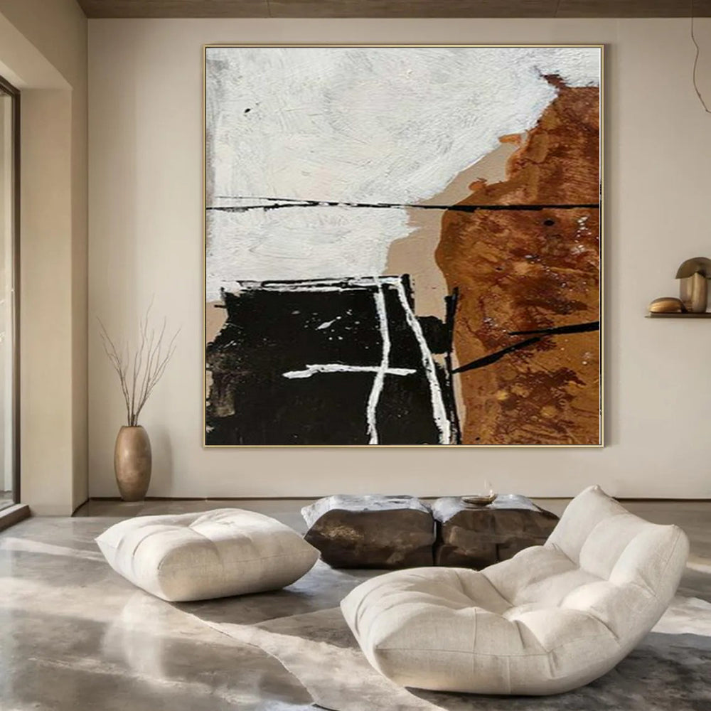 Brown, White and Black with Geometric Overlaps "Layered Geometry" Abstract Painting On Canvas PS1126