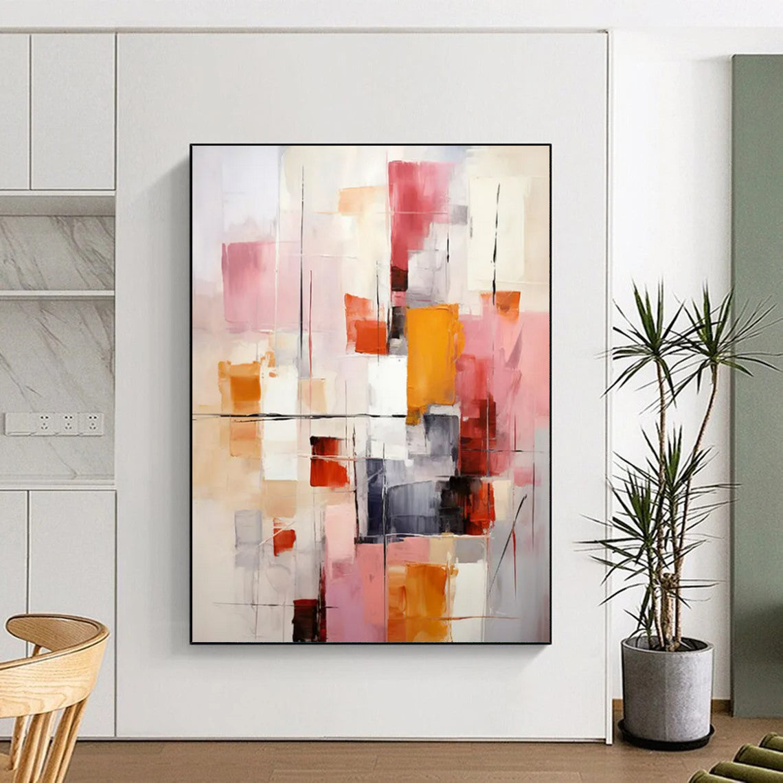 “Pink, Orange, and Gray Abstract” - Modernist Abstract Painting On Canvas PT2278