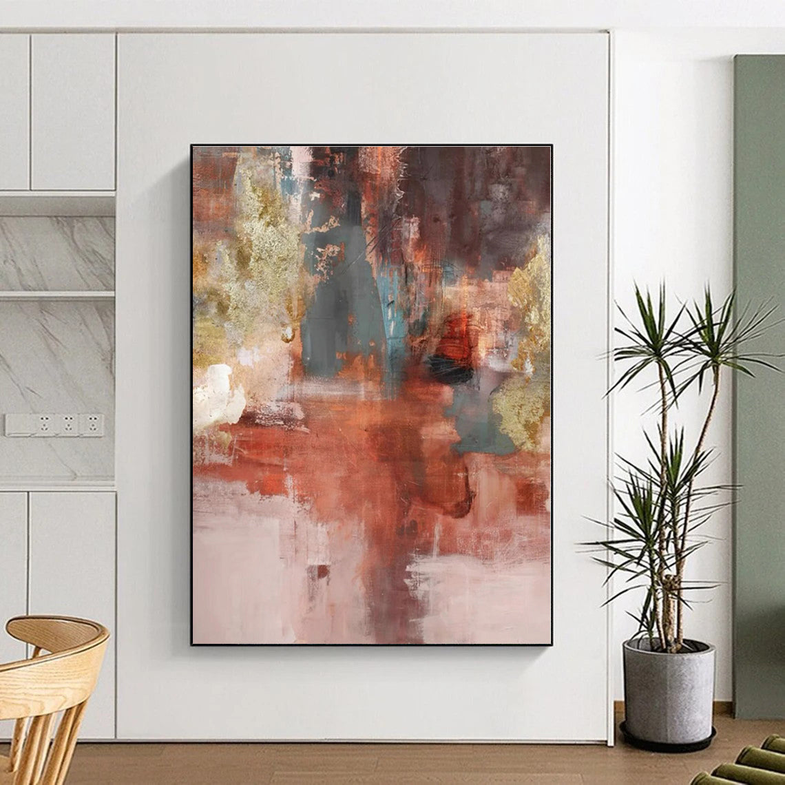 “Red - Gold - Teal Abstract Fusion” - Red, Gold, Teal Abstract Textured Painting On Canvas PS0583