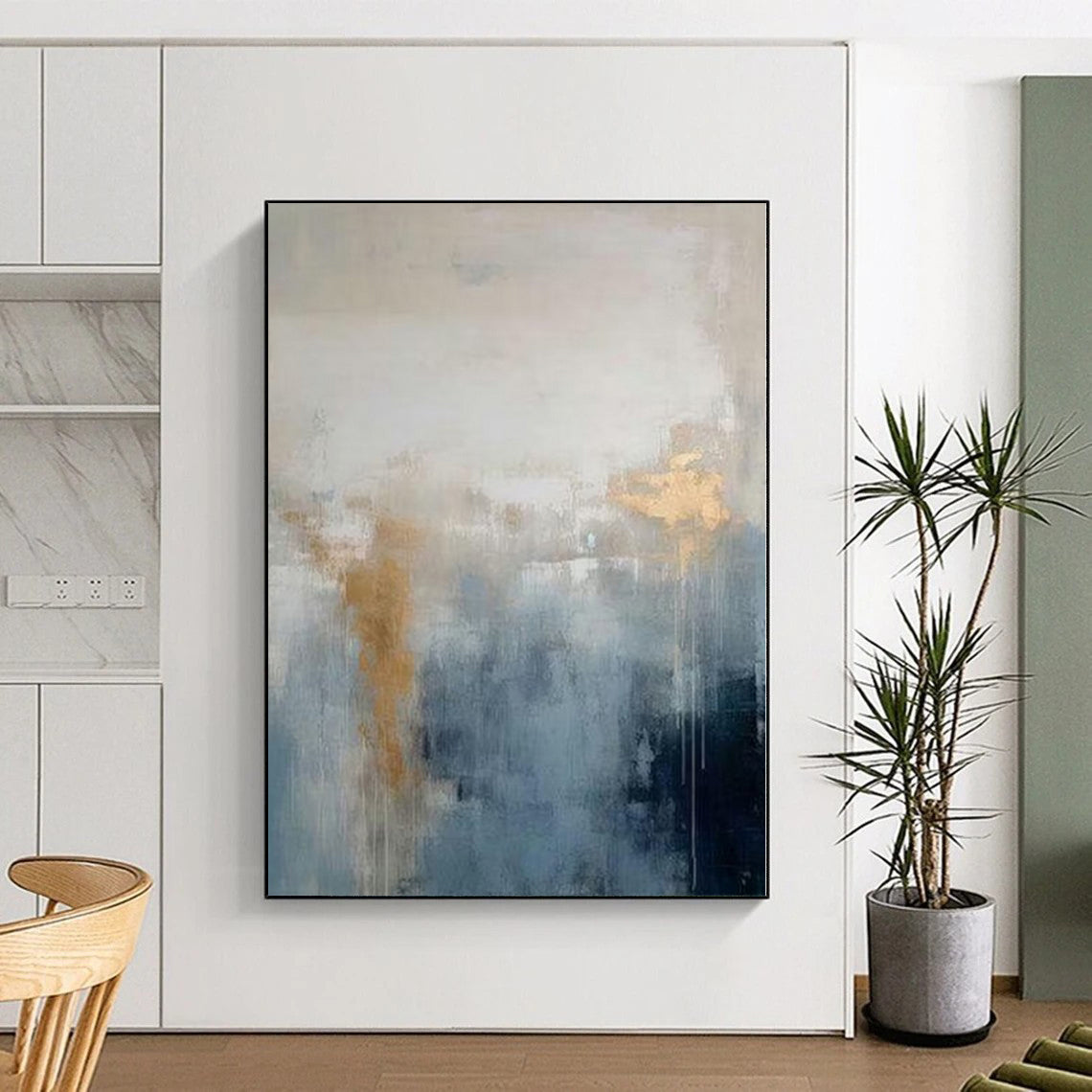 “Gold - Accented Blue - Grey Abstract with Subtle Drips” - Expressive Abstract Painting On Canvas PS0250