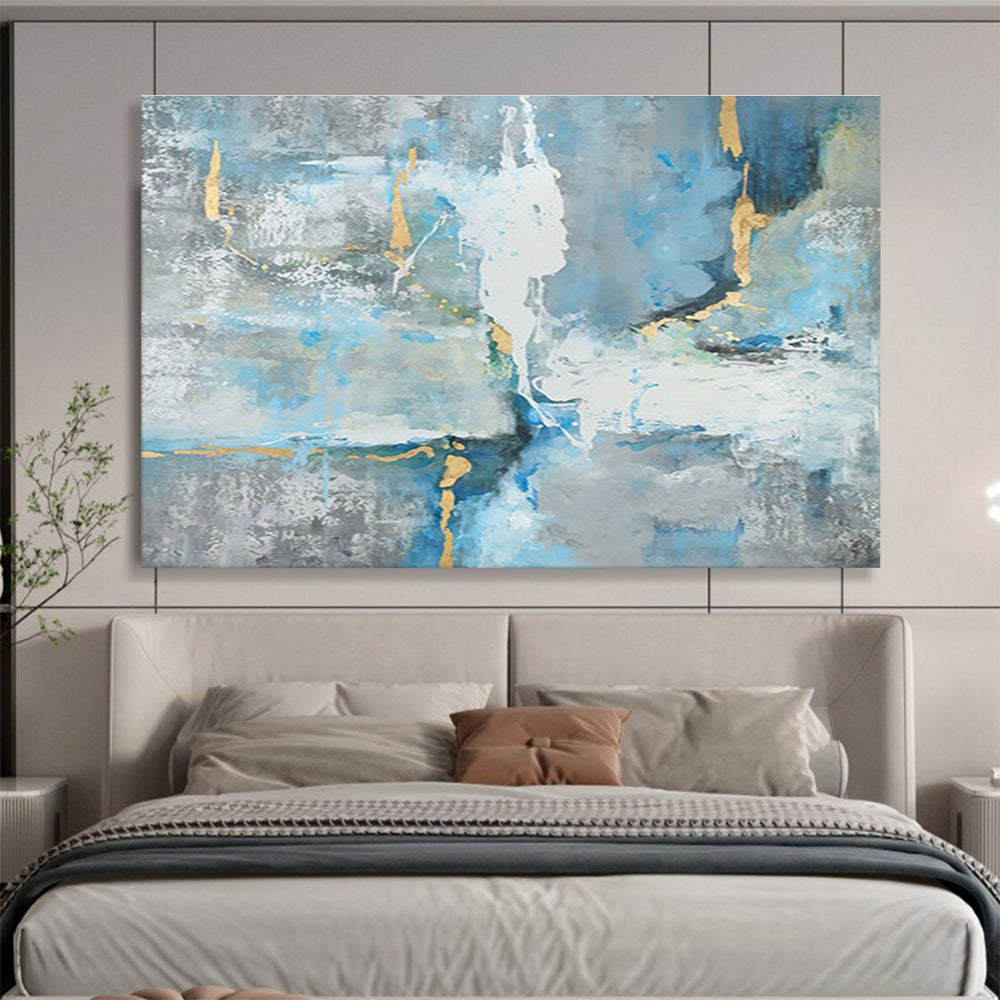 “Blue - Gray Abstract With Gold” - Blue, Gray & Gold Abstract, Modern Acrylic Painting On Canvas DKS756