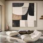 Black, White, Gray, Brown with Curved Geometric Shapes "Organic Geometry" Abstract Painting On Canvas PS1371