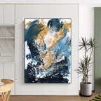 “Blue, Gold & White Abstract Splash” - Dynamic Colors with Energetic Marks Painting On Canvas DS234