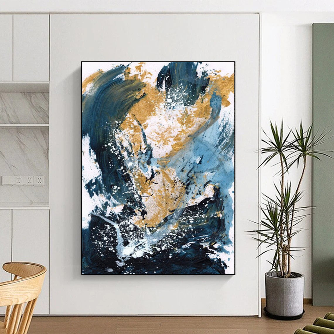 “Blue, Gold & White Abstract Splash” - Dynamic Colors with Energetic Marks Painting On Canvas DS234