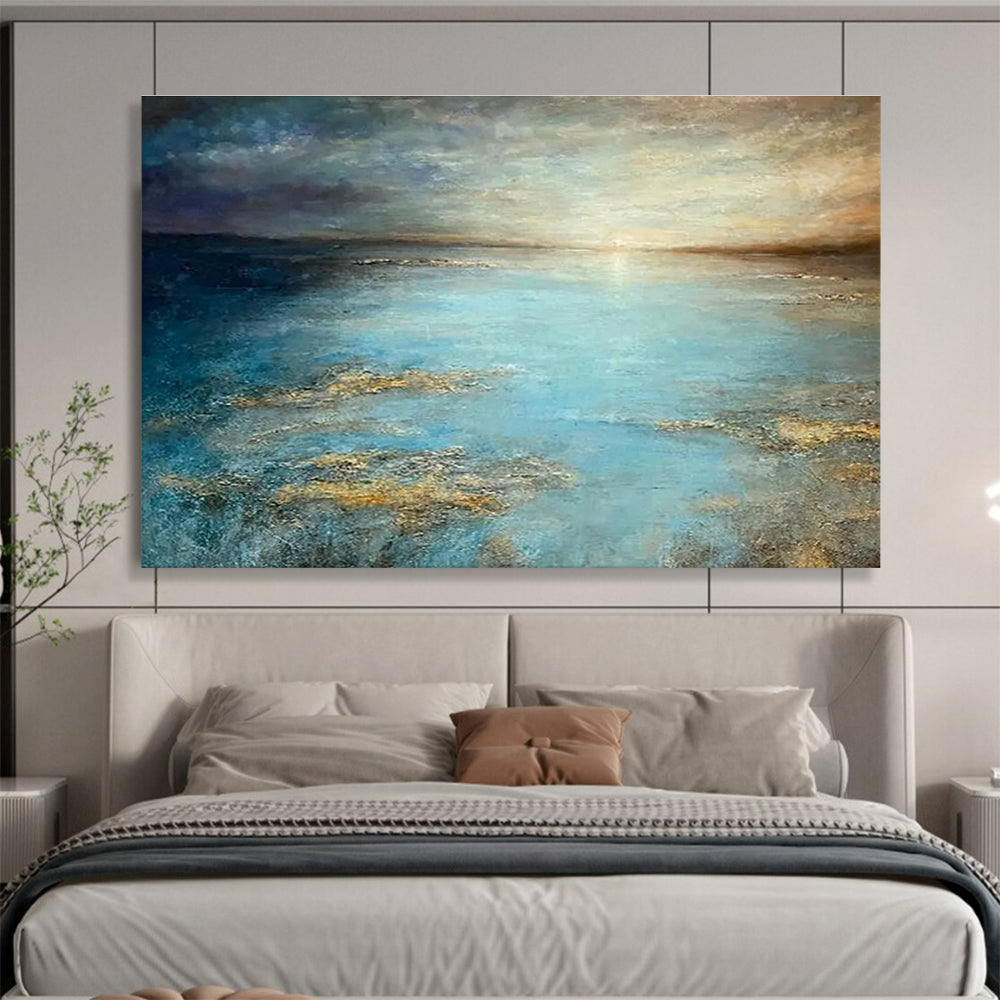“Tranquil Blue Sea” - Blue, Gray & Gold Seascape, Impressionistic Oil Painting On Canvas DKS771