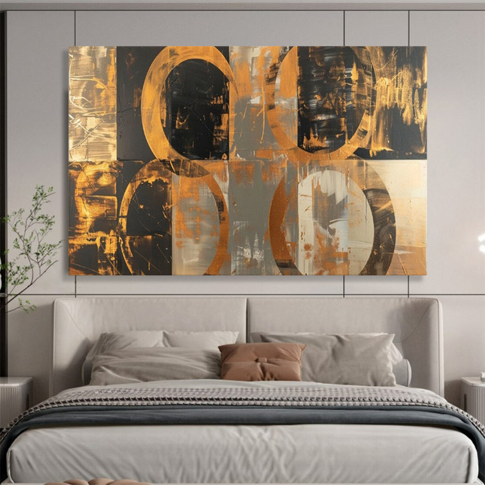 “Black - Gold Circles & Gray Background” - Abstract Geometric - Painting On Canvas PT1716
