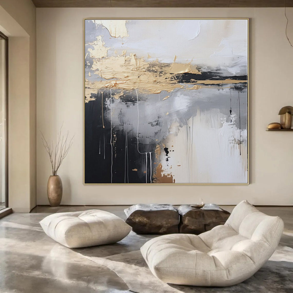 Gray, White, Gold with Dripping Textures "Urban Rain" Abstract Painting On Canvas PS1399