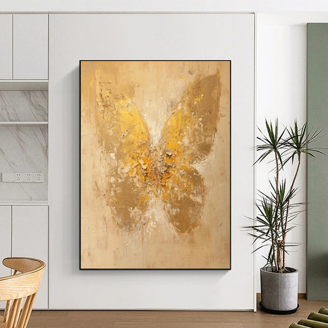 “Textured Gold Butterfly on Beige” - Abstract Insect Painting On Canvas PT1899