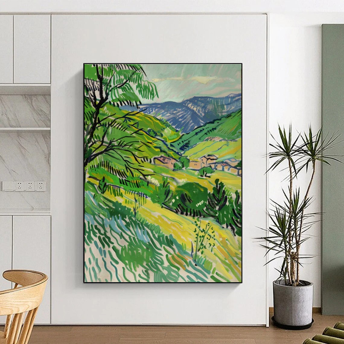 Green Valley, "Mountain Village Greens" – Post - Impressionist Landscape Painting On Canvas PS0881