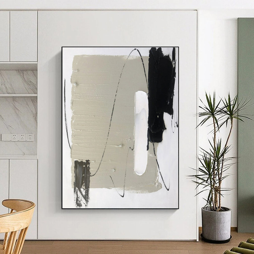 “Gray - Black Minimalist Lines” - Gray, Black, White Abstract Painting On Canvas PS0502