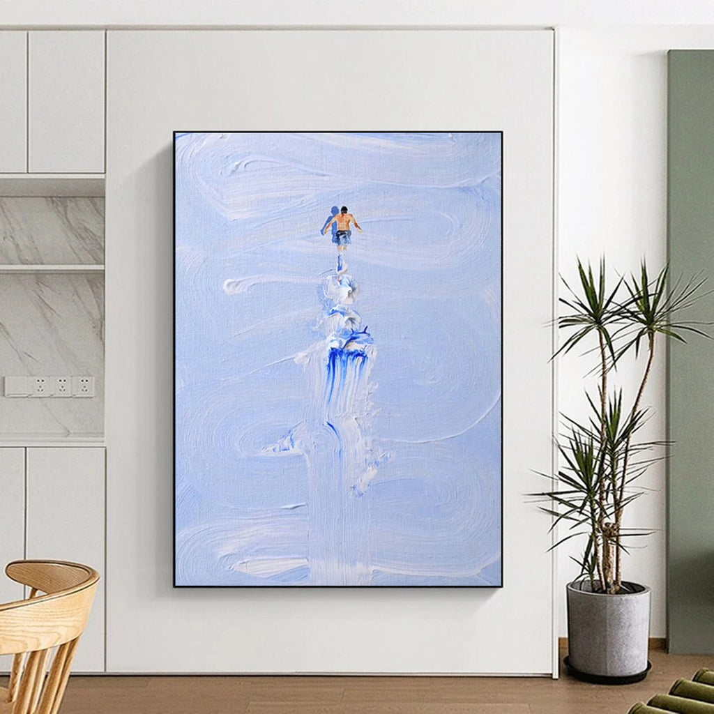 “Blue and White Figure on Wave” - Surreal Sea Adventure Painting On Canvas DS327