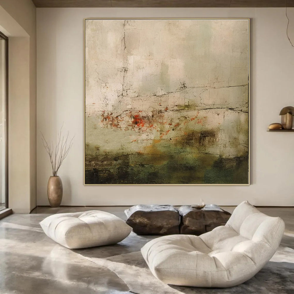 Beige, Gray, Green, Red with Subtle Lines "Faded Memory" Abstract Painting On Canvas PS1469