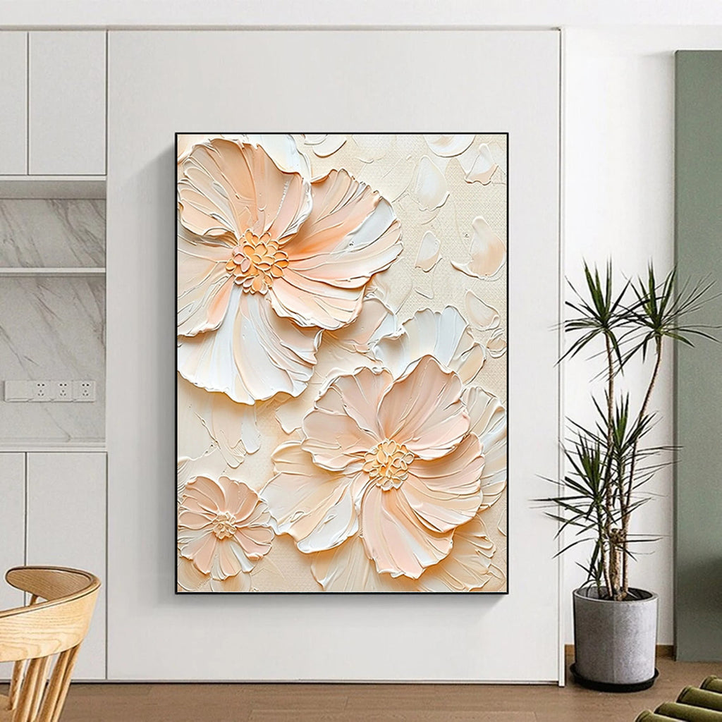 “Peach - White Floral Impasto” - Impressionist - Inspired Floral Painting On Canvas PT1389