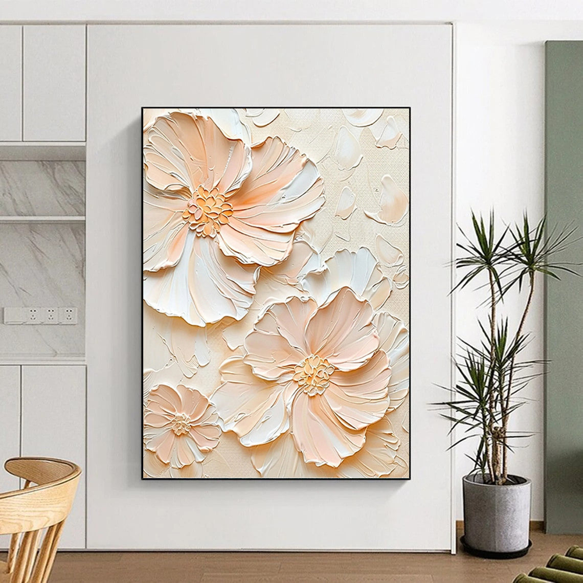 “Peach - White Floral Impasto” - Impressionist - Inspired Floral Painting On Canvas PT1389