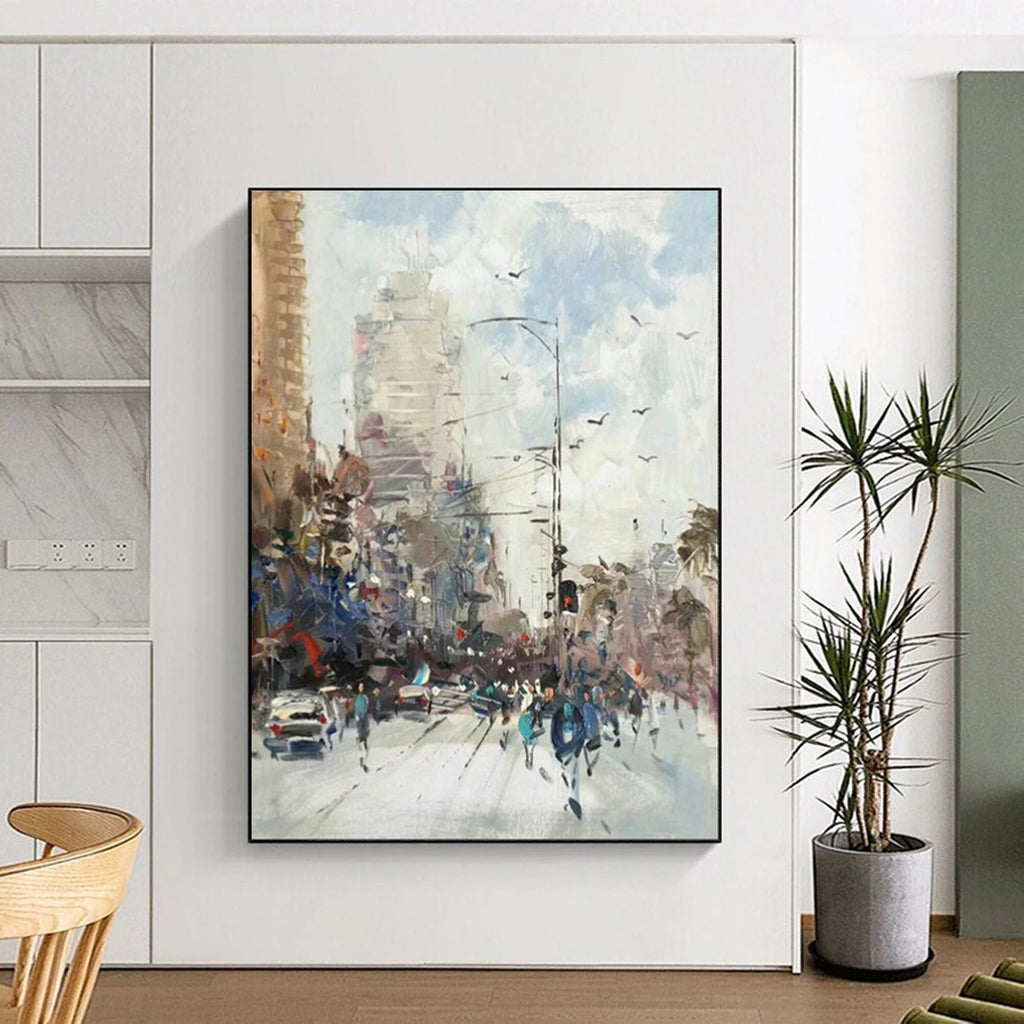 “Impasto Urban Street Scene” - Impasto Cityscape Painting On Canvas PT1900