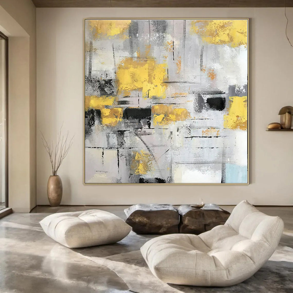 Gray, Yellow, Black with Abstract Blocks "Urban Gleam" Abstract Painting On Canvas PS1314