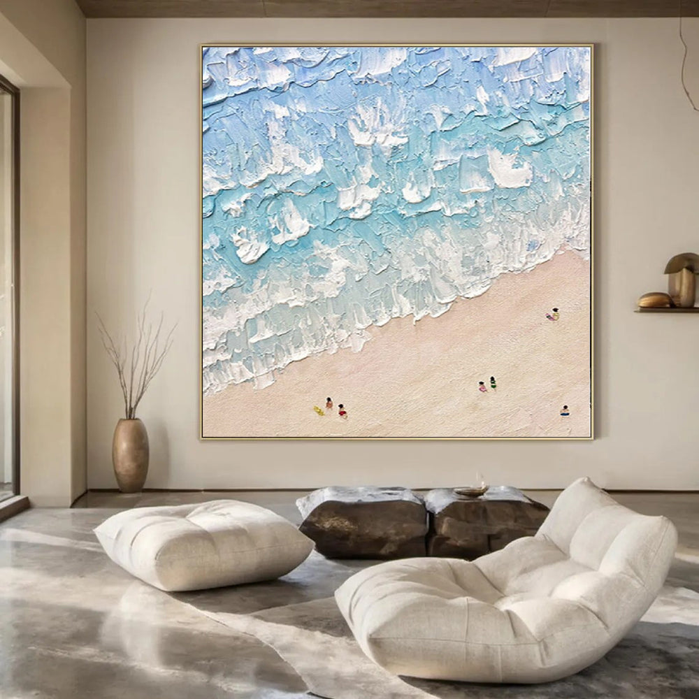 Blue, White and Beige with Textured Waves "Beach Impasto" Impressionistic Abstract Painting On Canvas PS1129