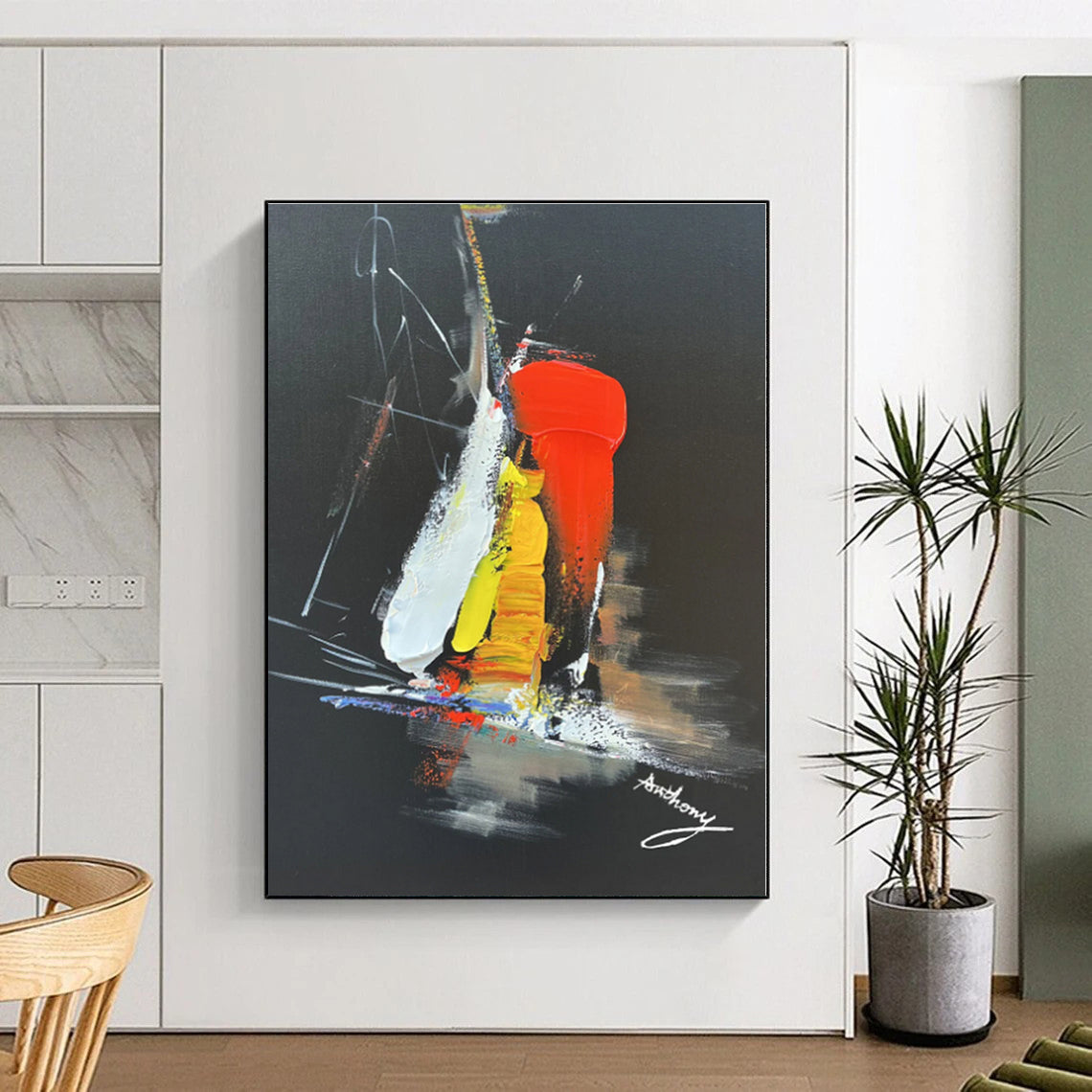 “Black - Red - Yellow Dynamic Burst” - Black, Red, Yellow, Blue Abstract Painting On Canvas PS0515