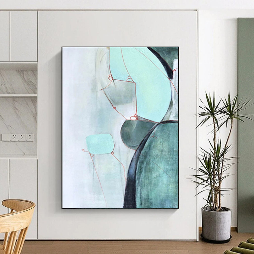 “Soft Green & Red Abstract Forms” - Delicate Shapes in Calming Hues Painting On Canvas DS250