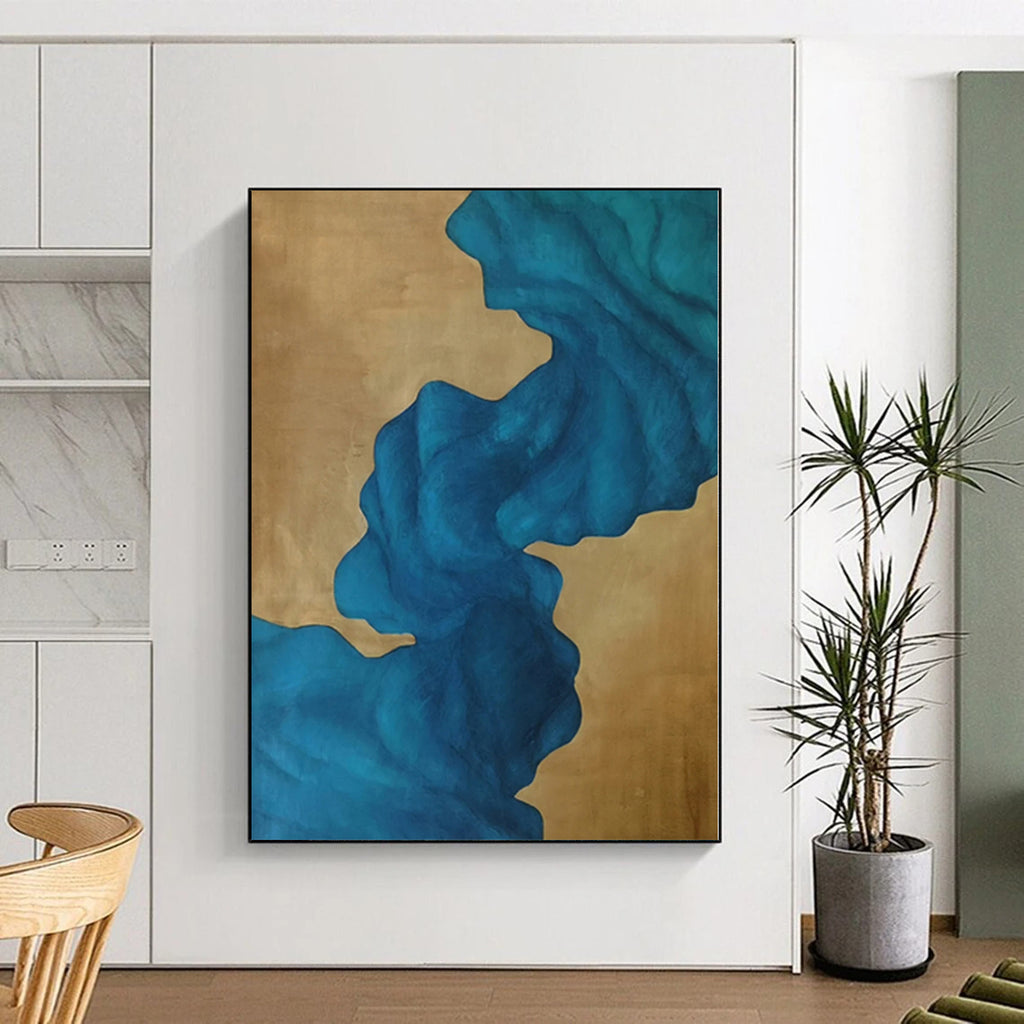 “Blue - Gold Abstract Flowing Shapes” - Elegant Abstract Painting On Canvas PS0343