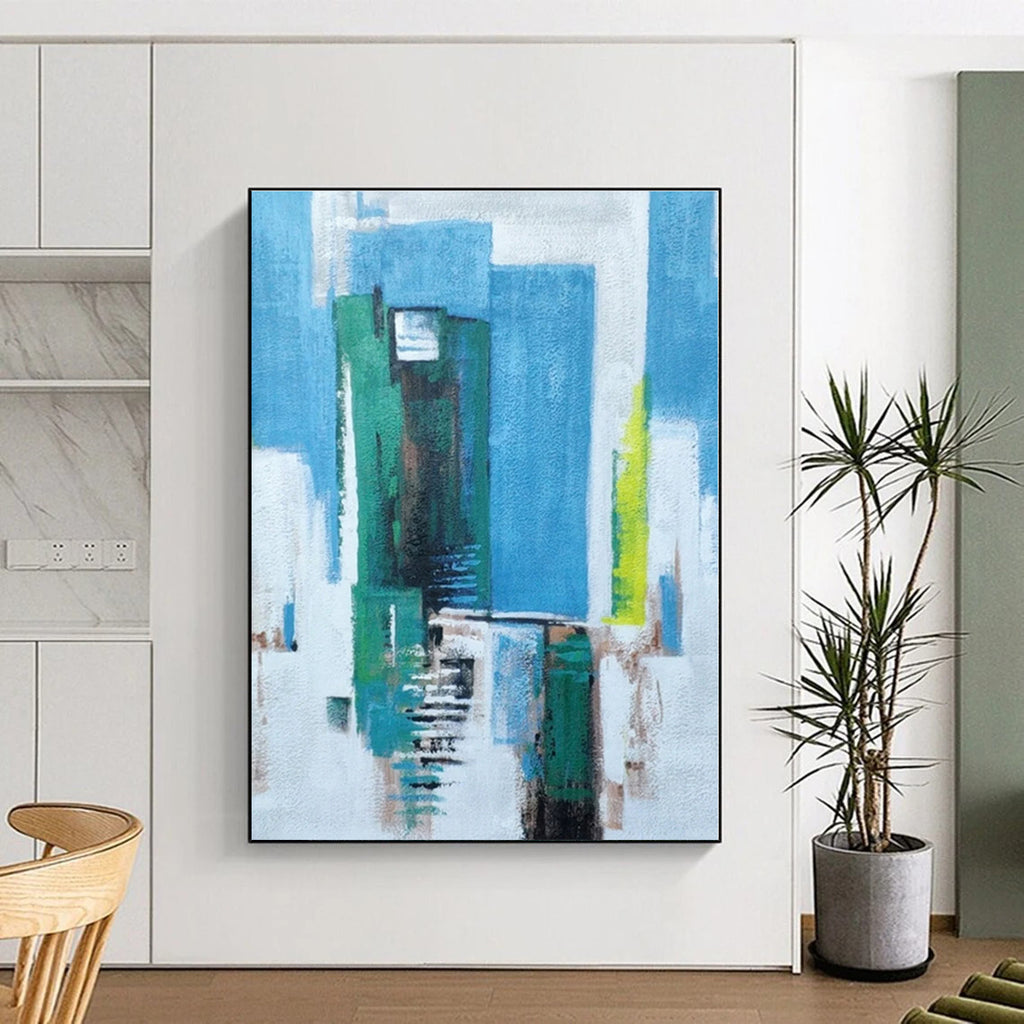 “Blue - Green Urban Abstraction” - Blue, Green, White Abstract Painting On Canvas PS0465