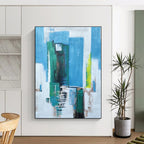 “Blue - Green Urban Abstraction” - Blue, Green, White Abstract Painting On Canvas PS0465
