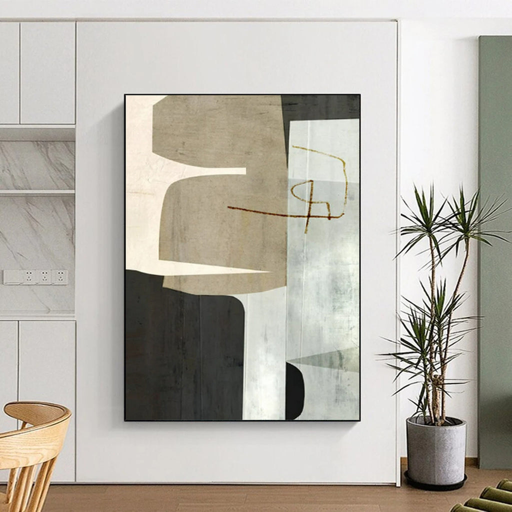 “Beige - Black Geometric” - Modernist Abstract Painting On Canvas PT2319