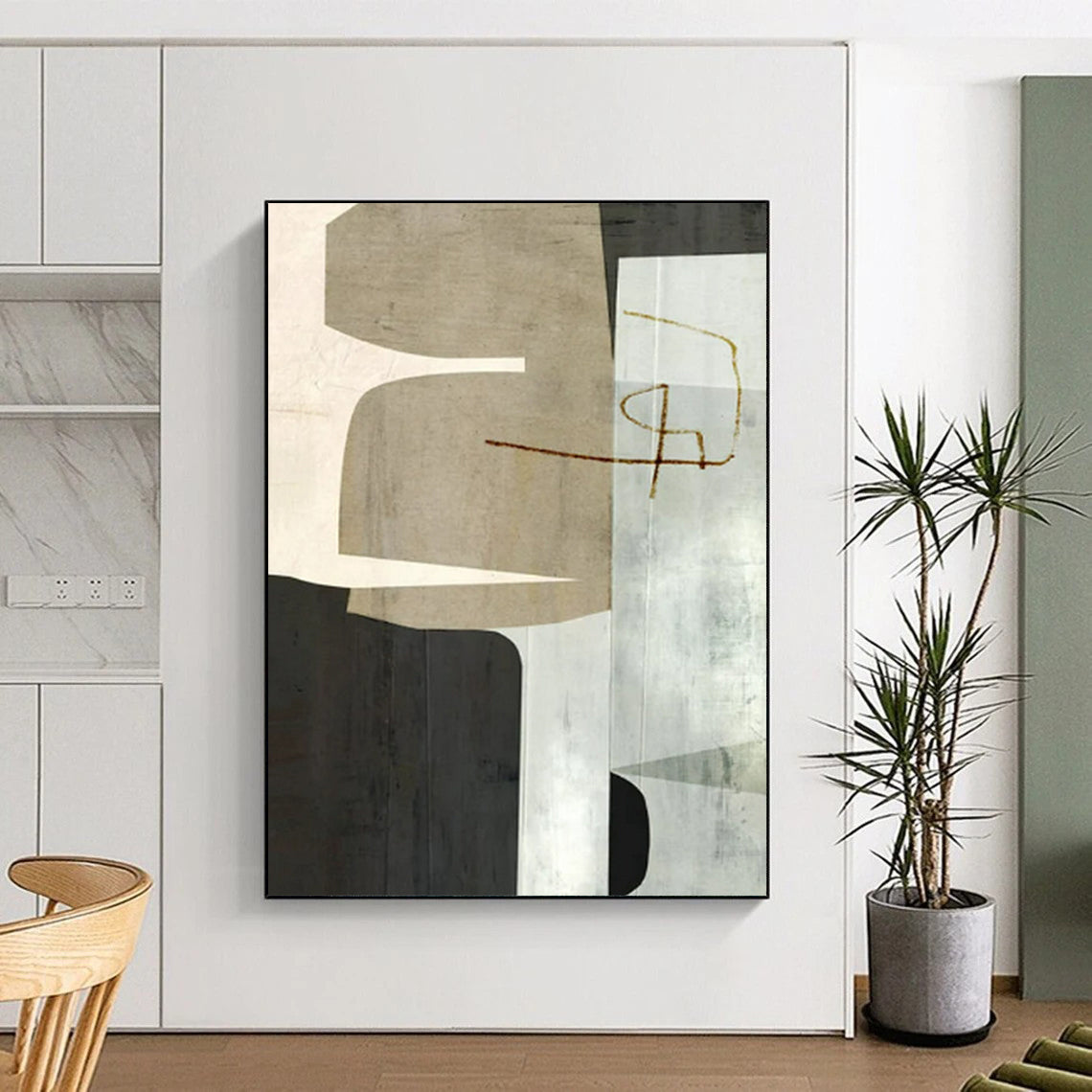 “Beige - Black Geometric” - Modernist Abstract Painting On Canvas PT2319