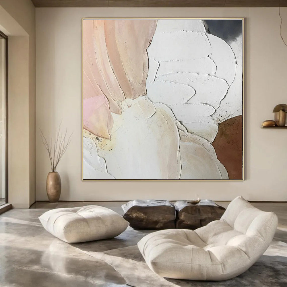 White, Pink, Beige, Gold with Textured Petals "Tactile Blossoms" Abstract Painting On Canvas PS1437