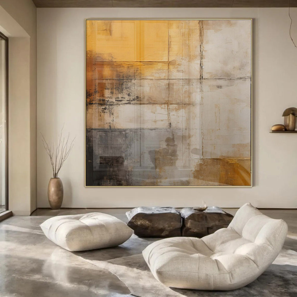 Warm Yellows, Grays, and Browns with Textured Layers "Vintage Wall Stories" Abstract Textured Painting On Canvas PS1055
