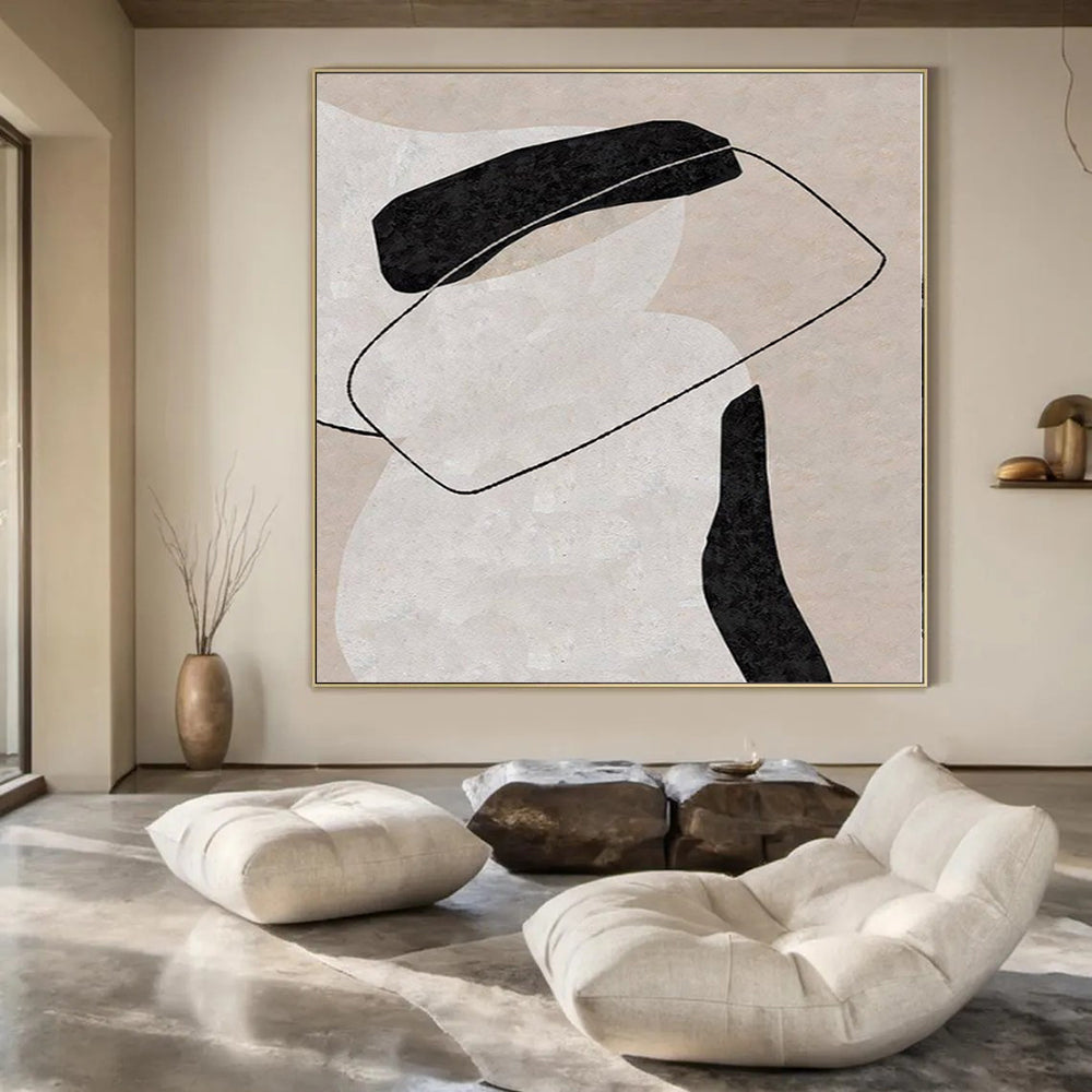 Beige, Black and White with Interconnected Forms "Linked Harmony" Abstract Painting On Canvas PS1122